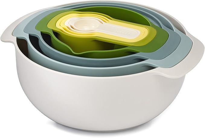 Joseph Joseph Nest 9 Plus 9 Piece Compact Food Preparation Set with Mixing Bowls Measuring cups Sieve and Colander Opal Gadget-Graber